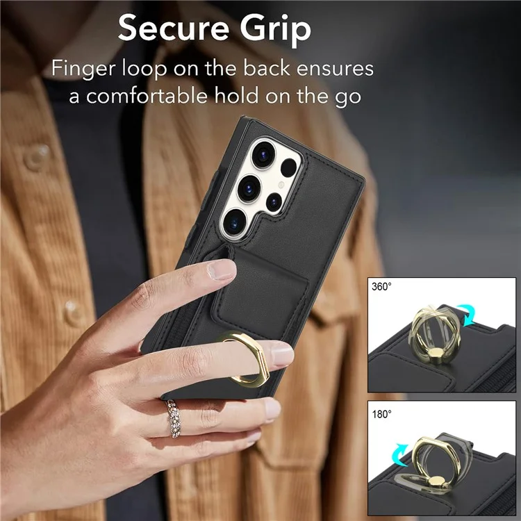 For Samsung Galaxy S23 Ultra Case Leather + TPU Kickstand Card Holder Phone Cover - Black