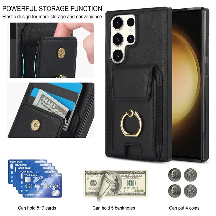 For Samsung Galaxy S23 Ultra Case Leather + TPU Kickstand Card Holder Phone Cover - Black