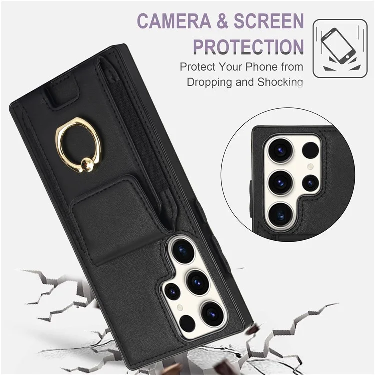 For Samsung Galaxy S23 Ultra Case Leather + TPU Kickstand Card Holder Phone Cover - Black