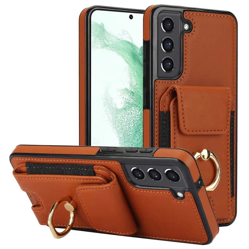 For Samsung Galaxy S22+ 5G Case PU Leather Coated TPU Phone Cover with Card Holder - Brown