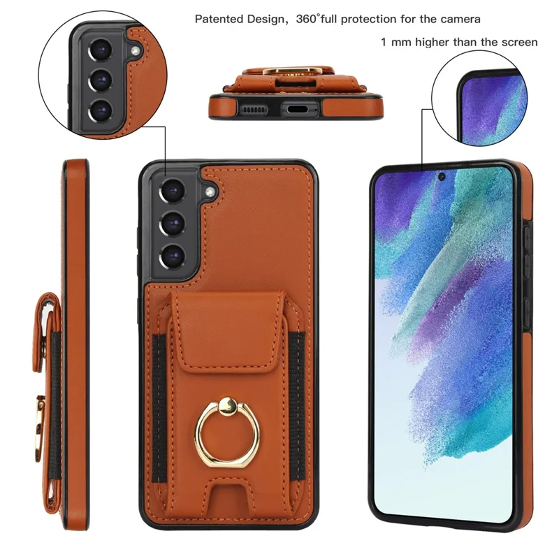 For Samsung Galaxy S22+ 5G Case PU Leather Coated TPU Phone Cover with Card Holder - Brown