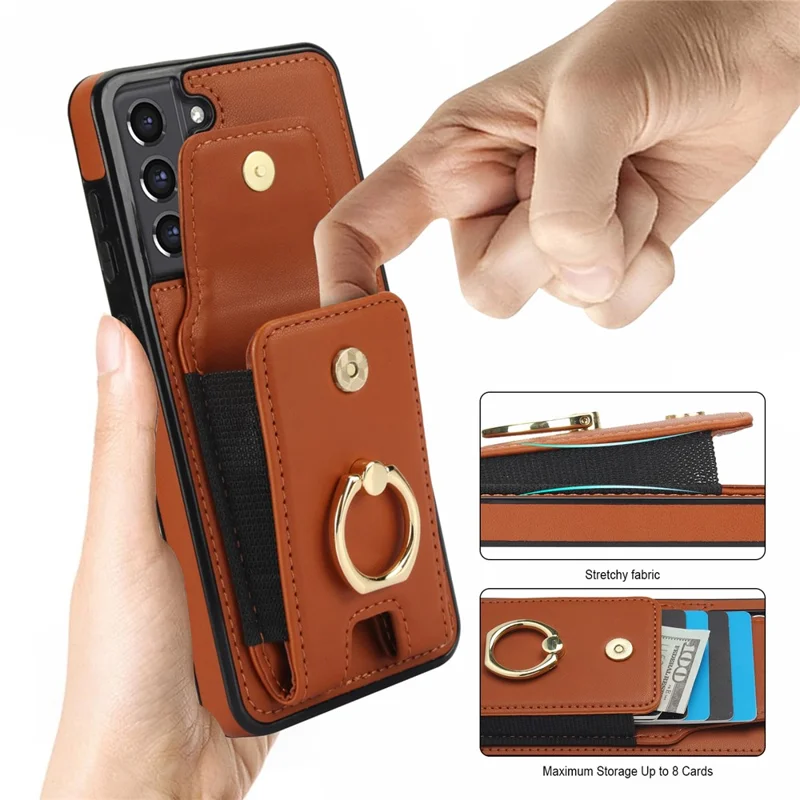 For Samsung Galaxy S22+ 5G Case PU Leather Coated TPU Phone Cover with Card Holder - Brown