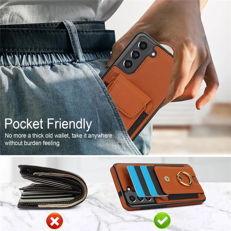 For Samsung Galaxy S22+ 5G Case PU Leather Coated TPU Phone Cover with Card Holder - Brown