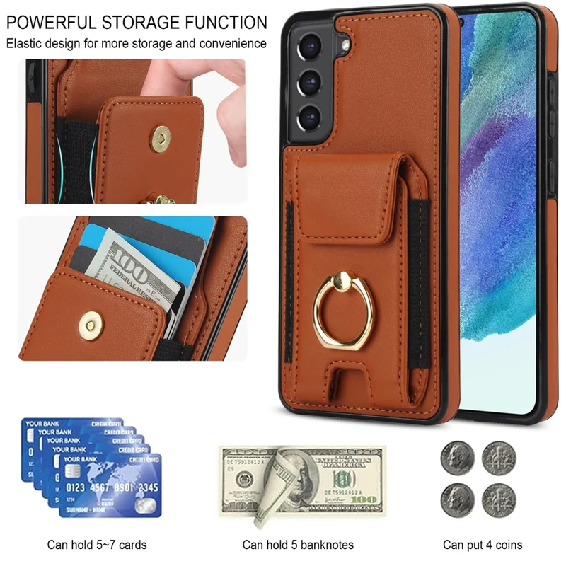 For Samsung Galaxy S22+ 5G Case PU Leather Coated TPU Phone Cover with Card Holder - Brown