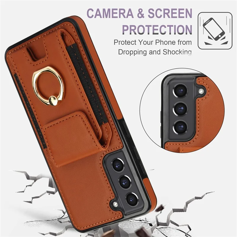 For Samsung Galaxy S22+ 5G Case PU Leather Coated TPU Phone Cover with Card Holder - Brown