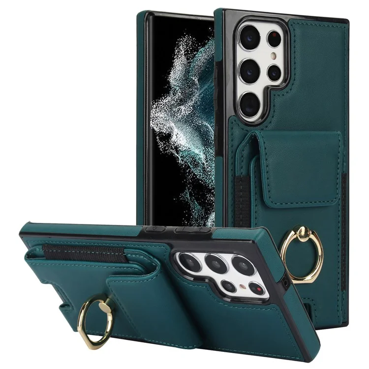 Étui pour Samsung Galaxy S22 Ultra 5G avec support de carte en cuir enduit de TPU - Vert
