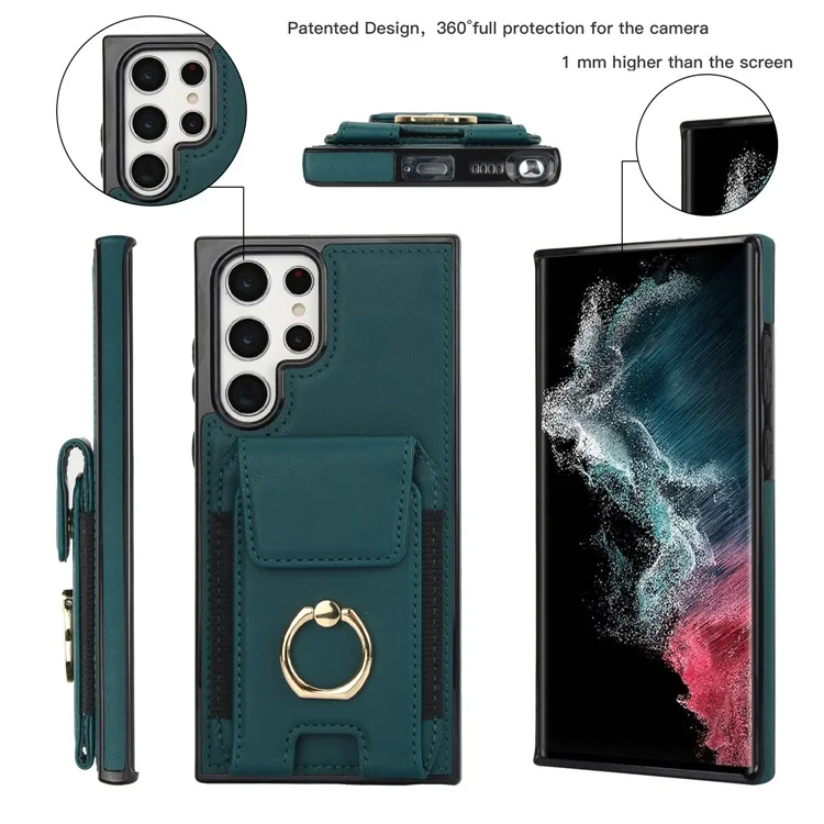 Étui pour Samsung Galaxy S22 Ultra 5G avec support de carte en cuir enduit de TPU - Vert