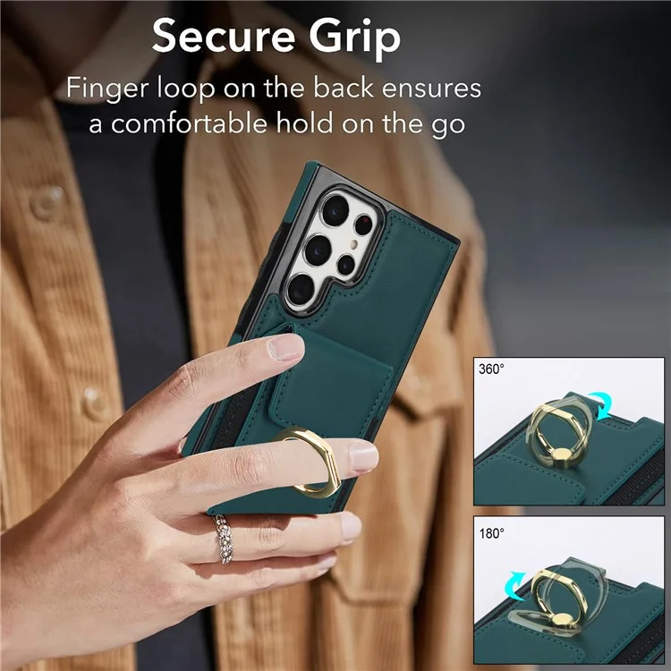 Étui pour Samsung Galaxy S22 Ultra 5G avec support de carte en cuir enduit de TPU - Vert