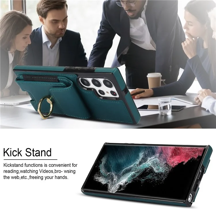Étui pour Samsung Galaxy S22 Ultra 5G avec support de carte en cuir enduit de TPU - Vert