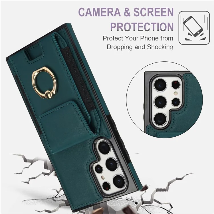 Étui pour Samsung Galaxy S22 Ultra 5G avec support de carte en cuir enduit de TPU - Vert