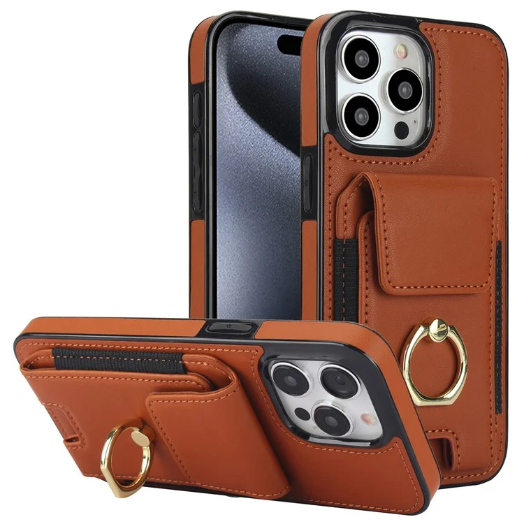 Para iPhone 15 Pro Max Case PU Leather+TPU Kickstand Phone Cover with Card Slots - Marrom