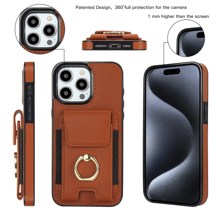 Para iPhone 15 Pro Max Case PU Leather+TPU Kickstand Phone Cover with Card Slots - Marrom