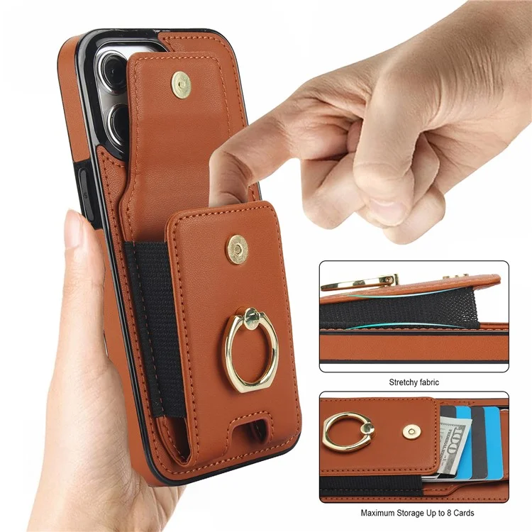 Para iPhone 15 Pro Max Case PU Leather+TPU Kickstand Phone Cover with Card Slots - Marrom