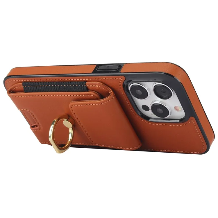 Para iPhone 15 Pro Max Case PU Leather+TPU Kickstand Phone Cover with Card Slots - Marrom