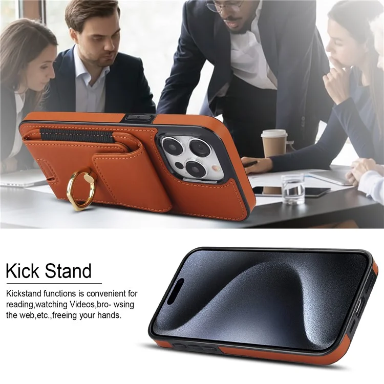 Para iPhone 15 Pro Max Case PU Leather+TPU Kickstand Phone Cover with Card Slots - Marrom