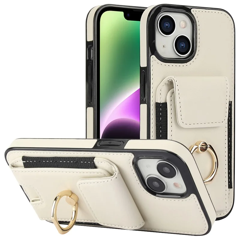 For iPhone 14 Case Card Holder Leather Coated TPU Shockproof Phone Cover with Ring Kickstand - Apricot