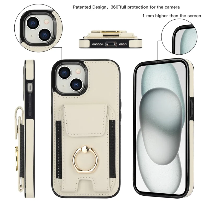 For iPhone 14 Case Card Holder Leather Coated TPU Shockproof Phone Cover with Ring Kickstand - Apricot