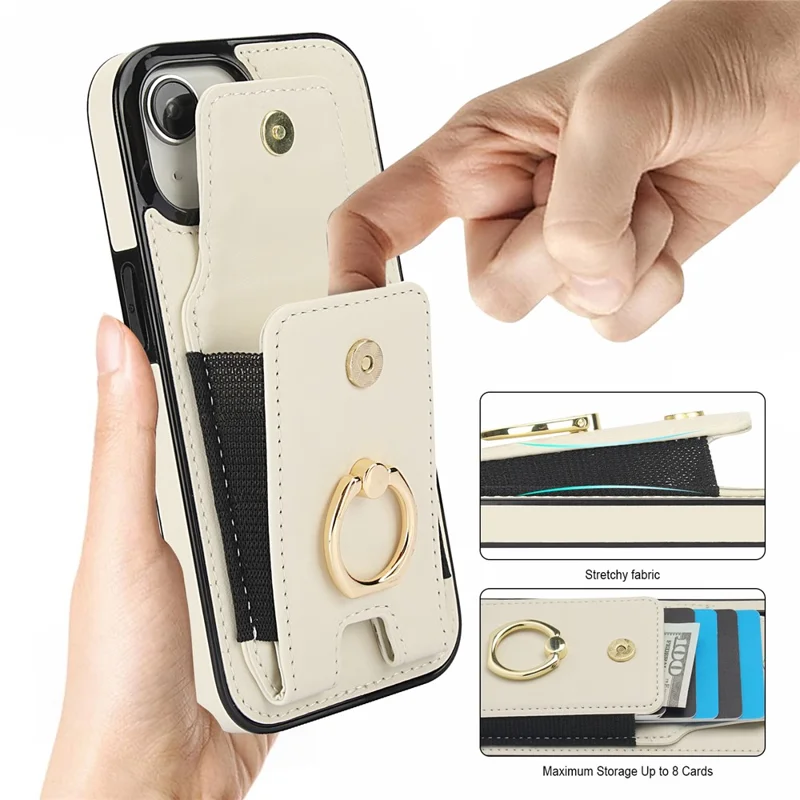For iPhone 14 Case Card Holder Leather Coated TPU Shockproof Phone Cover with Ring Kickstand - Apricot