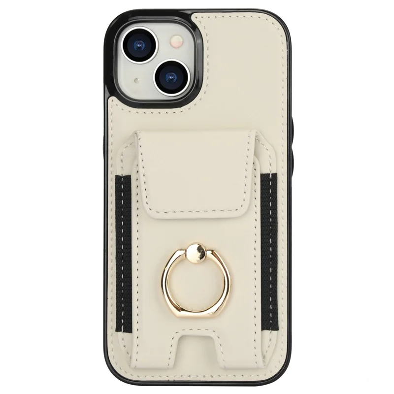 For iPhone 14 Case Card Holder Leather Coated TPU Shockproof Phone Cover with Ring Kickstand - Apricot