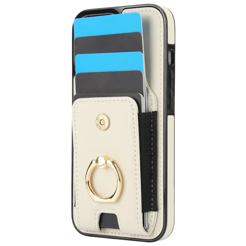 For iPhone 14 Case Card Holder Leather Coated TPU Shockproof Phone Cover with Ring Kickstand - Apricot