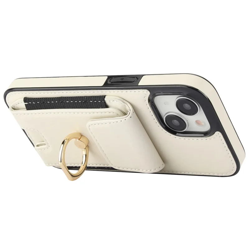 For iPhone 14 Case Card Holder Leather Coated TPU Shockproof Phone Cover with Ring Kickstand - Apricot