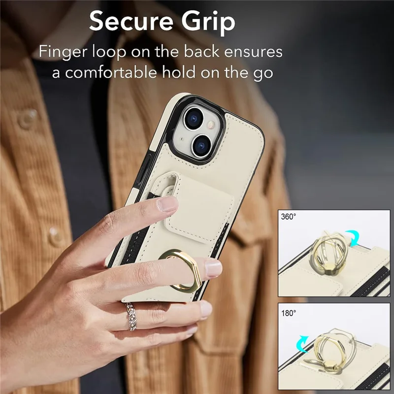 For iPhone 14 Case Card Holder Leather Coated TPU Shockproof Phone Cover with Ring Kickstand - Apricot