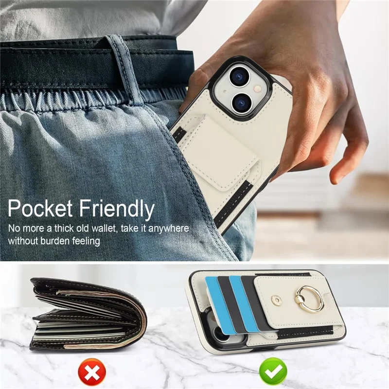 For iPhone 14 Case Card Holder Leather Coated TPU Shockproof Phone Cover with Ring Kickstand - Apricot
