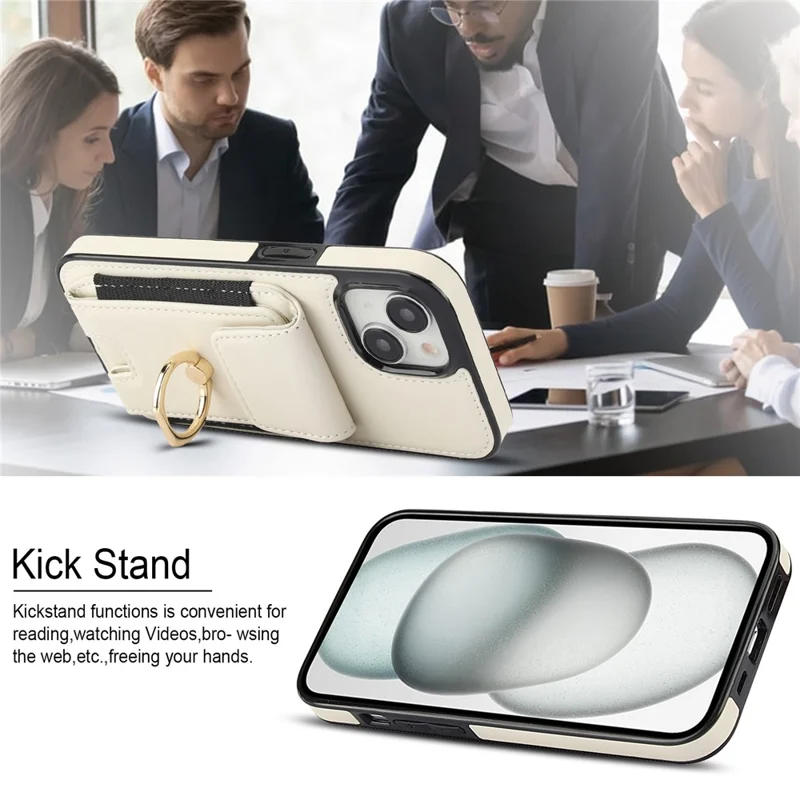 For iPhone 14 Case Card Holder Leather Coated TPU Shockproof Phone Cover with Ring Kickstand - Apricot
