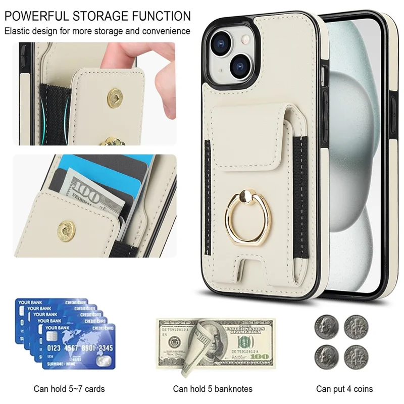 For iPhone 14 Case Card Holder Leather Coated TPU Shockproof Phone Cover with Ring Kickstand - Apricot