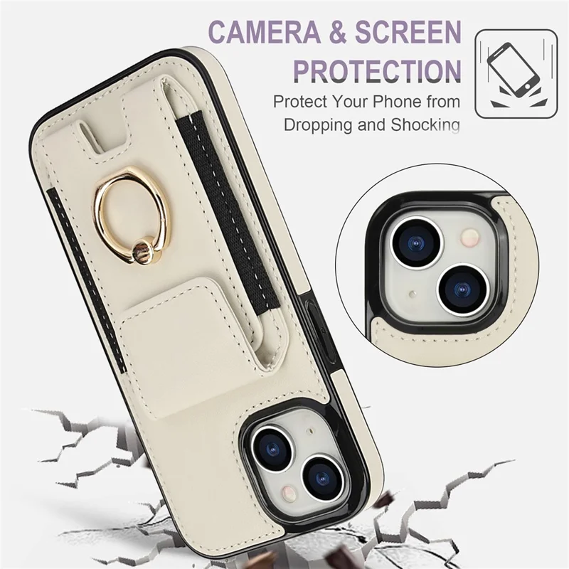 For iPhone 14 Case Card Holder Leather Coated TPU Shockproof Phone Cover with Ring Kickstand - Apricot