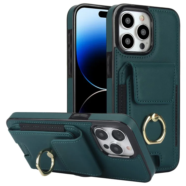 Für iPhone 14 Pro Cover TPU Handyhülle mit Lederoptik, Kartenfach und Ring-Ständer - Grün