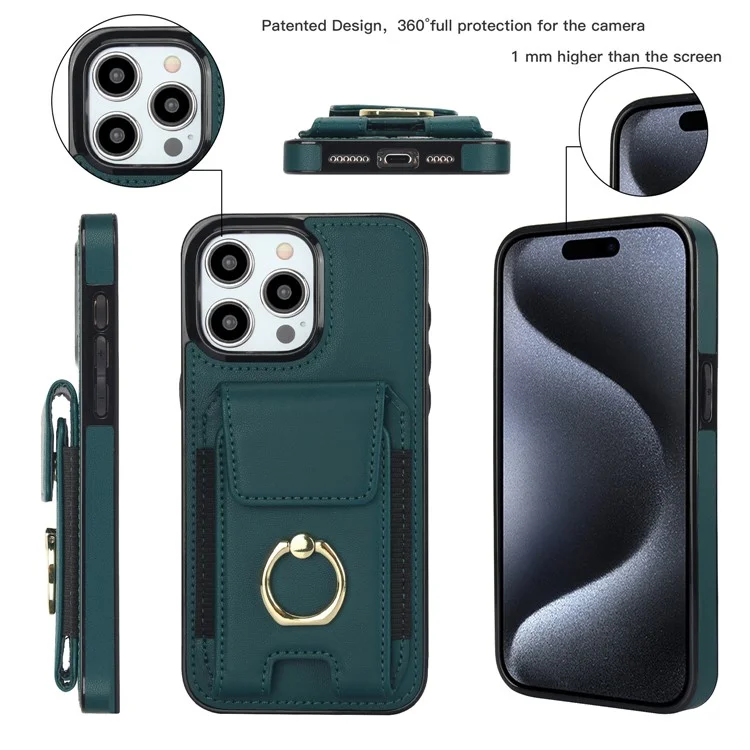 Für iPhone 14 Pro Cover TPU Handyhülle mit Lederoptik, Kartenfach und Ring-Ständer - Grün