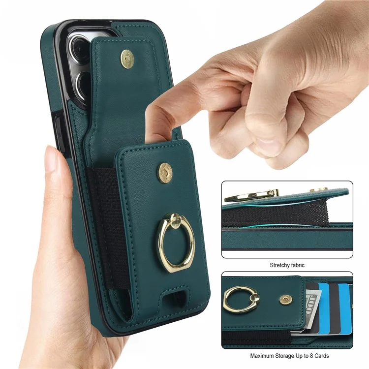 Für iPhone 14 Pro Cover TPU Handyhülle mit Lederoptik, Kartenfach und Ring-Ständer - Grün