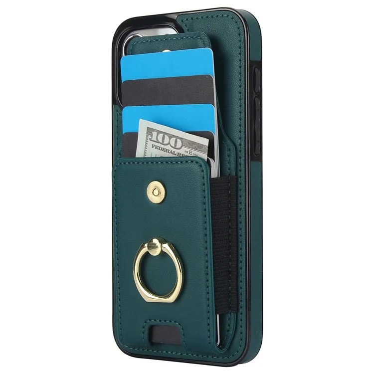 Für iPhone 14 Pro Cover TPU Handyhülle mit Lederoptik, Kartenfach und Ring-Ständer - Grün