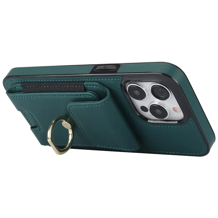 Für iPhone 14 Pro Cover TPU Handyhülle mit Lederoptik, Kartenfach und Ring-Ständer - Grün