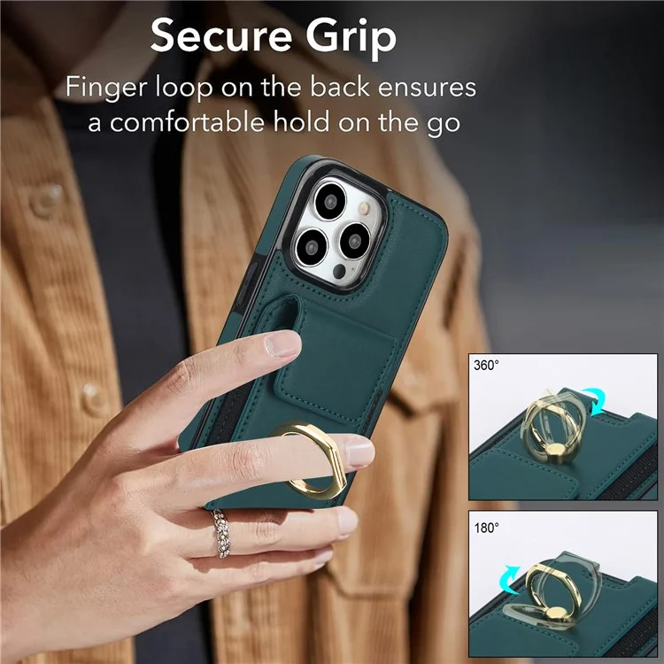 Für iPhone 14 Pro Cover TPU Handyhülle mit Lederoptik, Kartenfach und Ring-Ständer - Grün