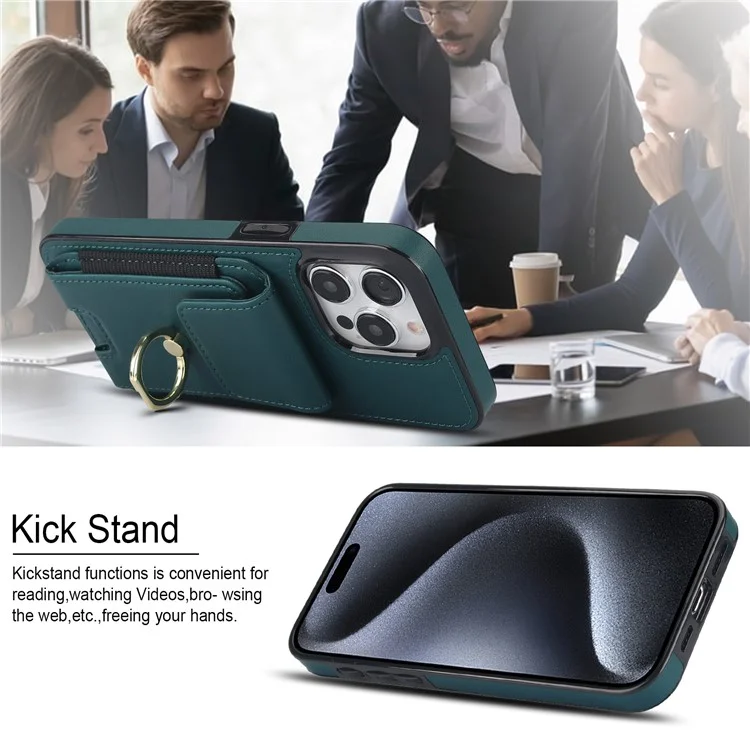 Für iPhone 14 Pro Cover TPU Handyhülle mit Lederoptik, Kartenfach und Ring-Ständer - Grün