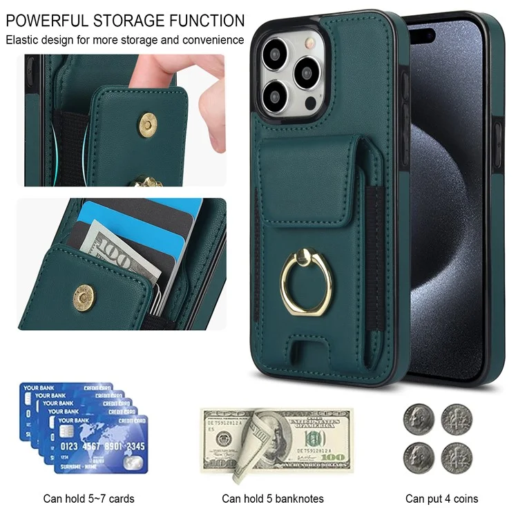 Für iPhone 14 Pro Cover TPU Handyhülle mit Lederoptik, Kartenfach und Ring-Ständer - Grün