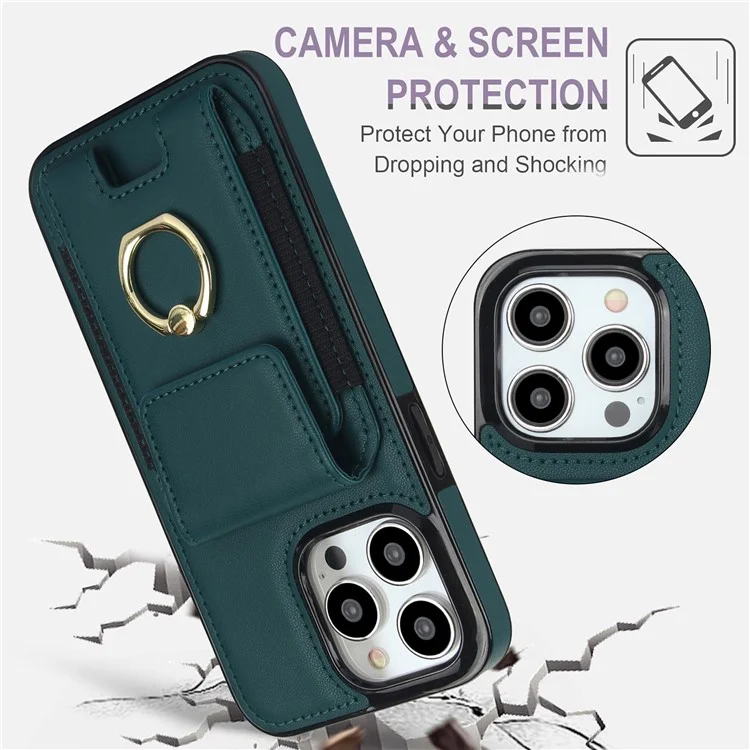 Für iPhone 14 Pro Cover TPU Handyhülle mit Lederoptik, Kartenfach und Ring-Ständer - Grün