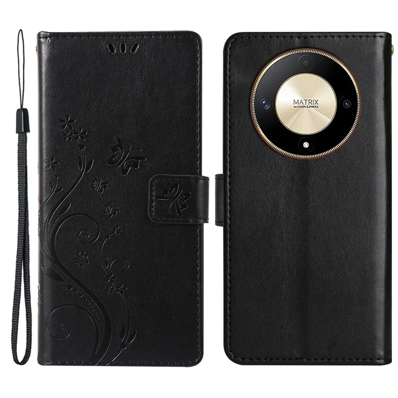 For Honor Magic6 Lite 5G / X50 5G / X9b 5G Wallet Case Butterfly Leather Flip Phone Cover - Black