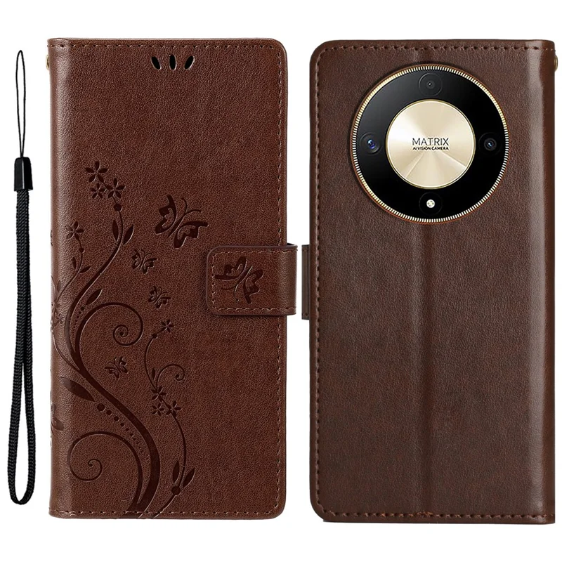 For Honor Magic6 Lite 5G / X50 5G / X9b 5G Wallet Case Butterfly Leather Flip Phone Cover - Brown