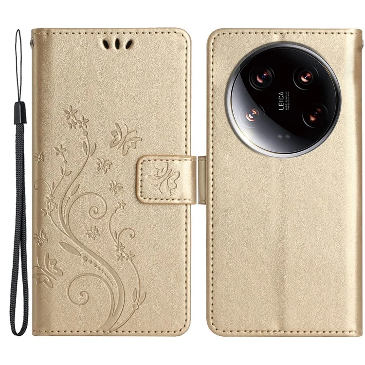 Для Xiaomi 14 Ultra Wallet Phone Case Butterfly Pattern PU Leather Flip Cover - Gold