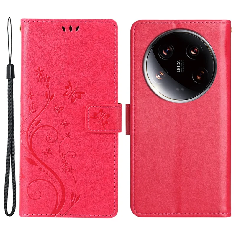 For Xiaomi 14 Ultra Wallet Phone Case Butterfly Pattern PU Leather Flip Cover - Red
