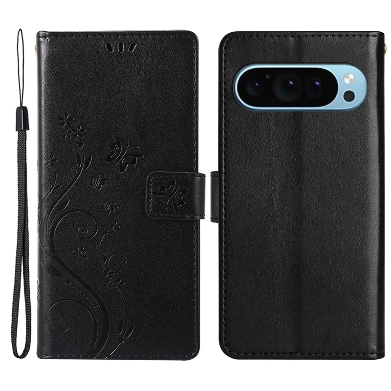 For Google Pixel 9 Pro XL Cell Phone Case Butterfly Imprinted Anti-Scratch Leather Wallet Cover - Black