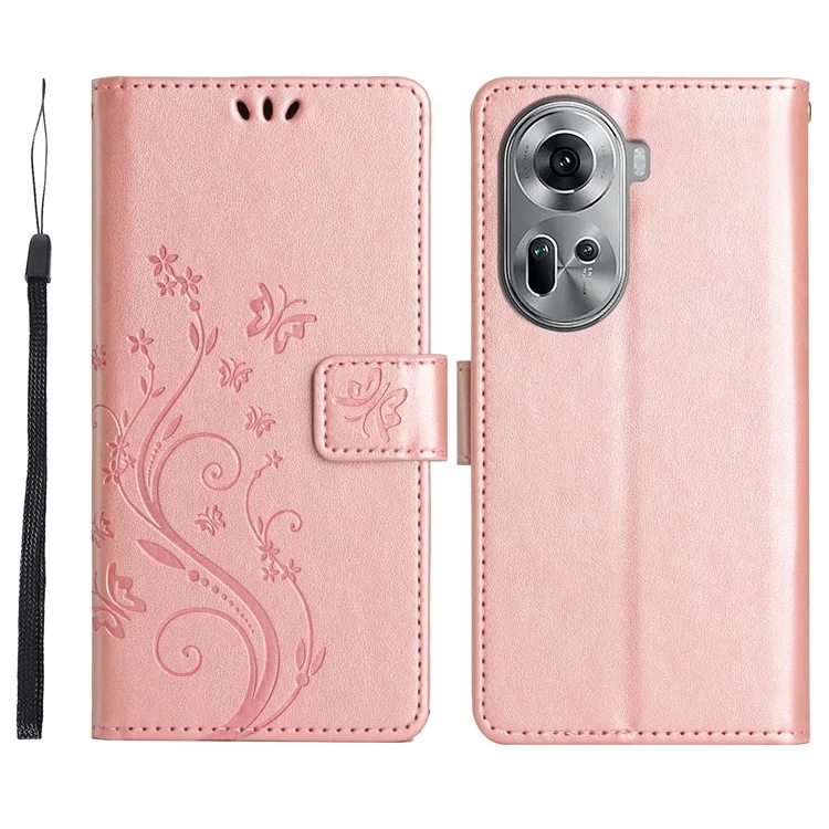 For Oppo Reno11 5G (Global) Wallet Case Butterfly Pattern PU Leather Phone Cover - Rose Gold