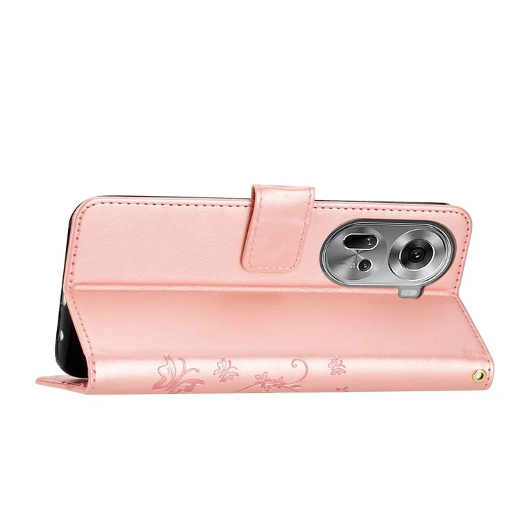 For Oppo Reno11 5G (Global) Wallet Case Butterfly Pattern PU Leather Phone Cover - Rose Gold