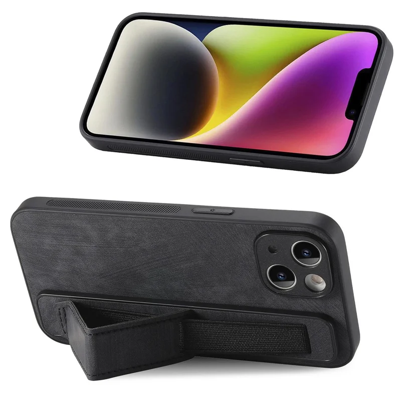 D11 For iPhone 13 6.1 inch Case PU Leather+TPU Wristband Kickstand Phone Cover - Black