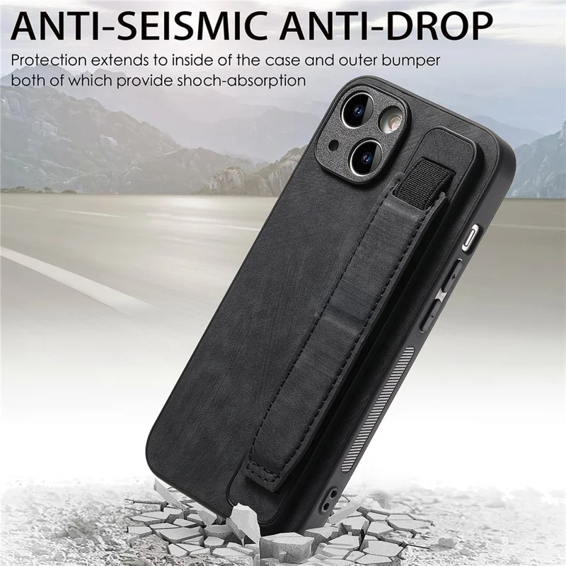 D11 For iPhone 13 6.1 inch Case PU Leather+TPU Wristband Kickstand Phone Cover - Black