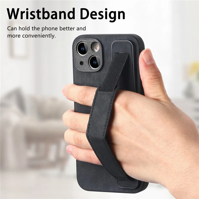D11 For iPhone 13 6.1 inch Case PU Leather+TPU Wristband Kickstand Phone Cover - Black
