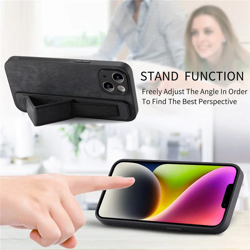 D11 For iPhone 13 6.1 inch Case PU Leather+TPU Wristband Kickstand Phone Cover - Black